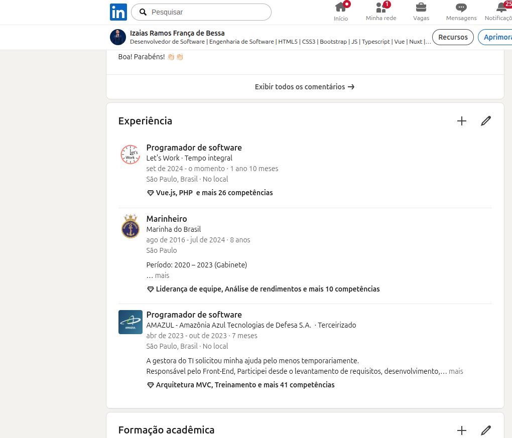 Print da seção Experiência do LinkedIn — Let's Work, Amazônia Azul e Marinha do Brasil